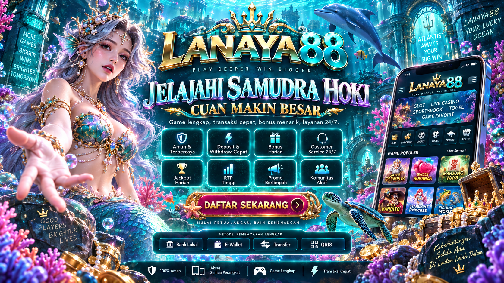 Banner LANAYA88 — ilustrasi layanan dan kategori permainan